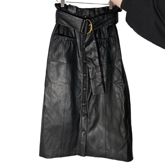 NWT Tularosa Jenna Faux Leather Midi Button Down Belted Skirt Black Size Small - Picture 7 of 14
